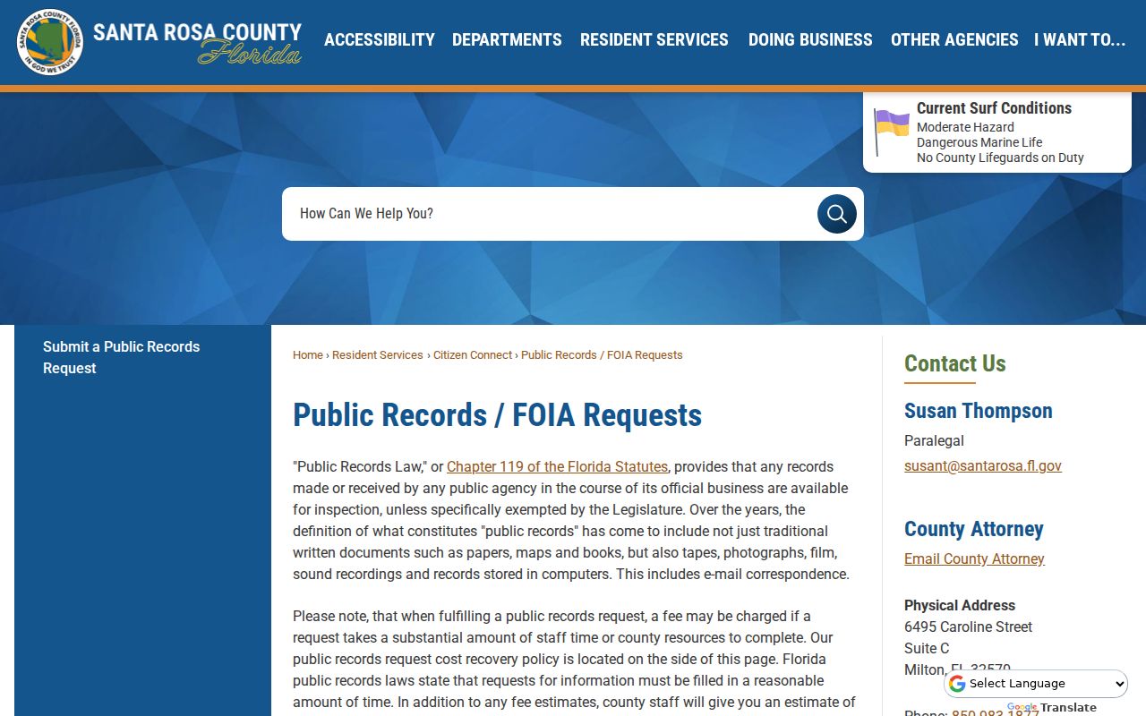 Santa Rosa County criminal records public request instructions