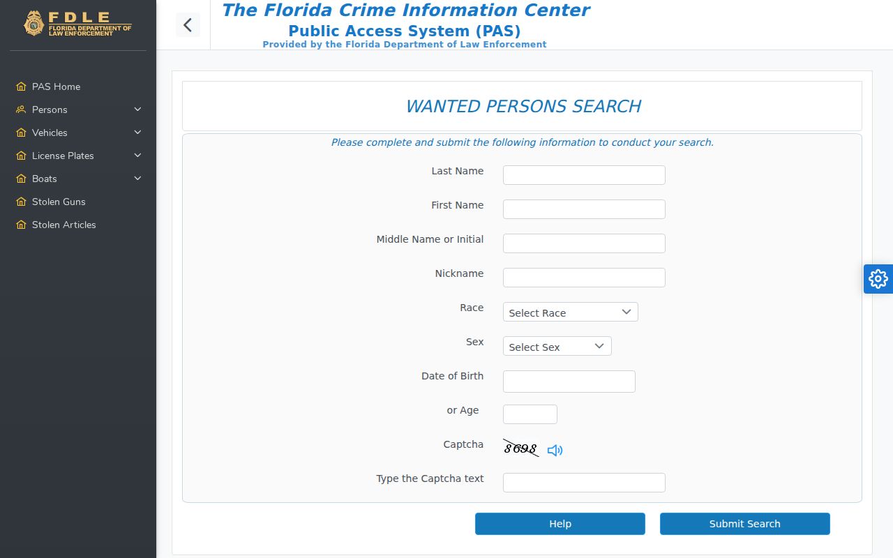 Santa Rosa County arrest and FDLE wanted person search