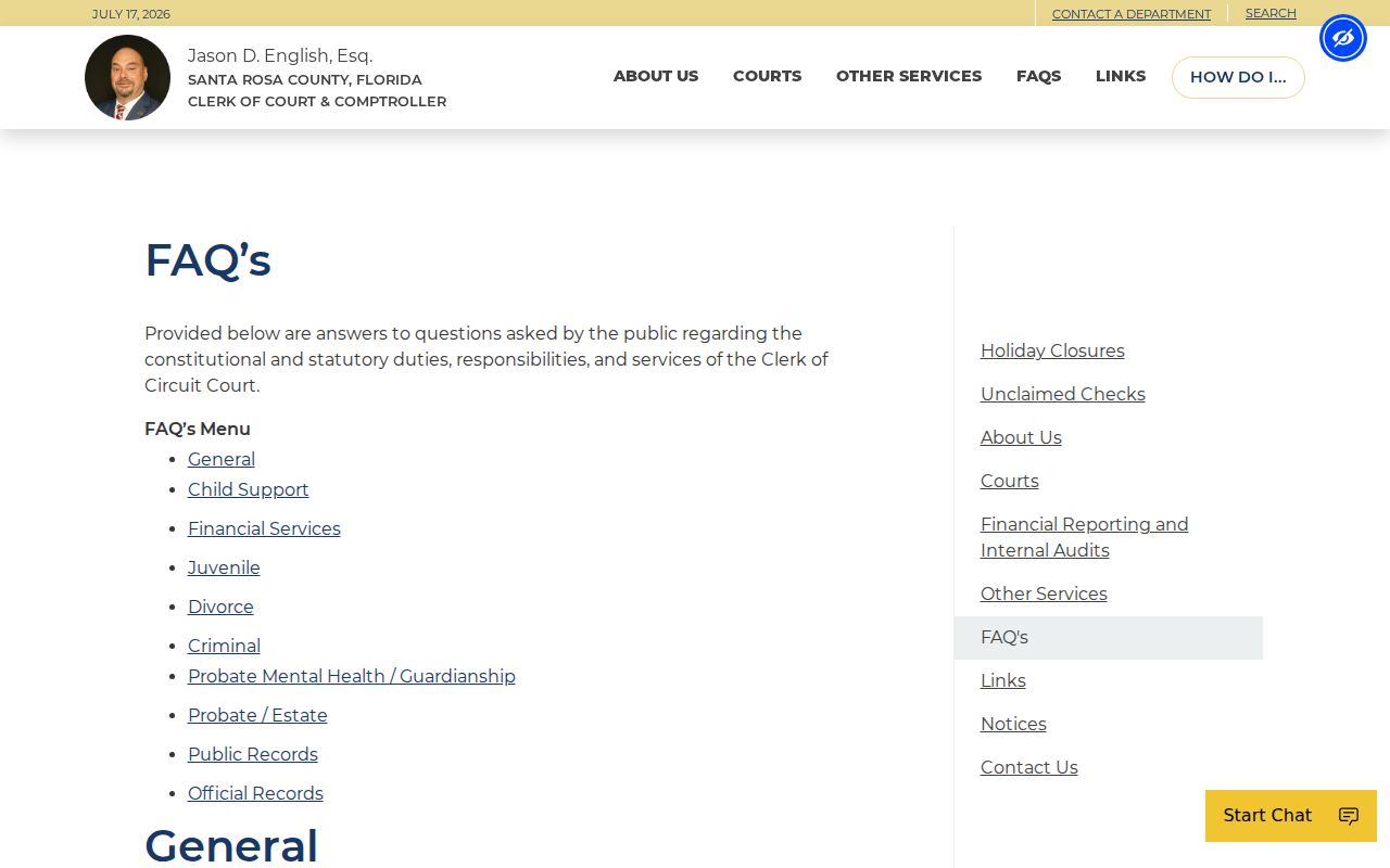 Santa Rosa County criminal court case Clerk FAQ