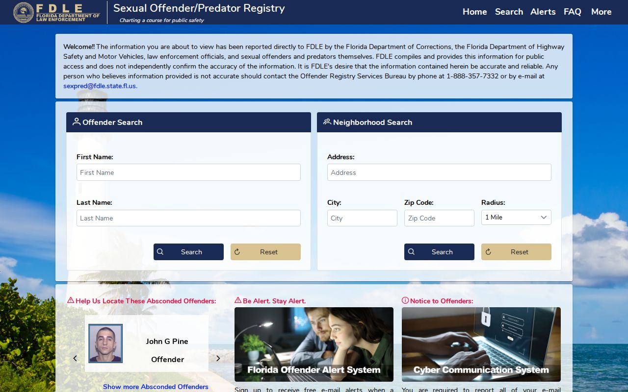 FDLE Florida Sexual Offenders and Predators search interface