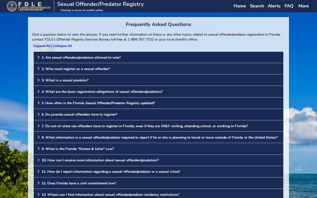 FDLE registry FAQ explaining Florida offender and predator records